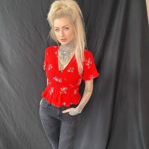 Red Print Floral Top